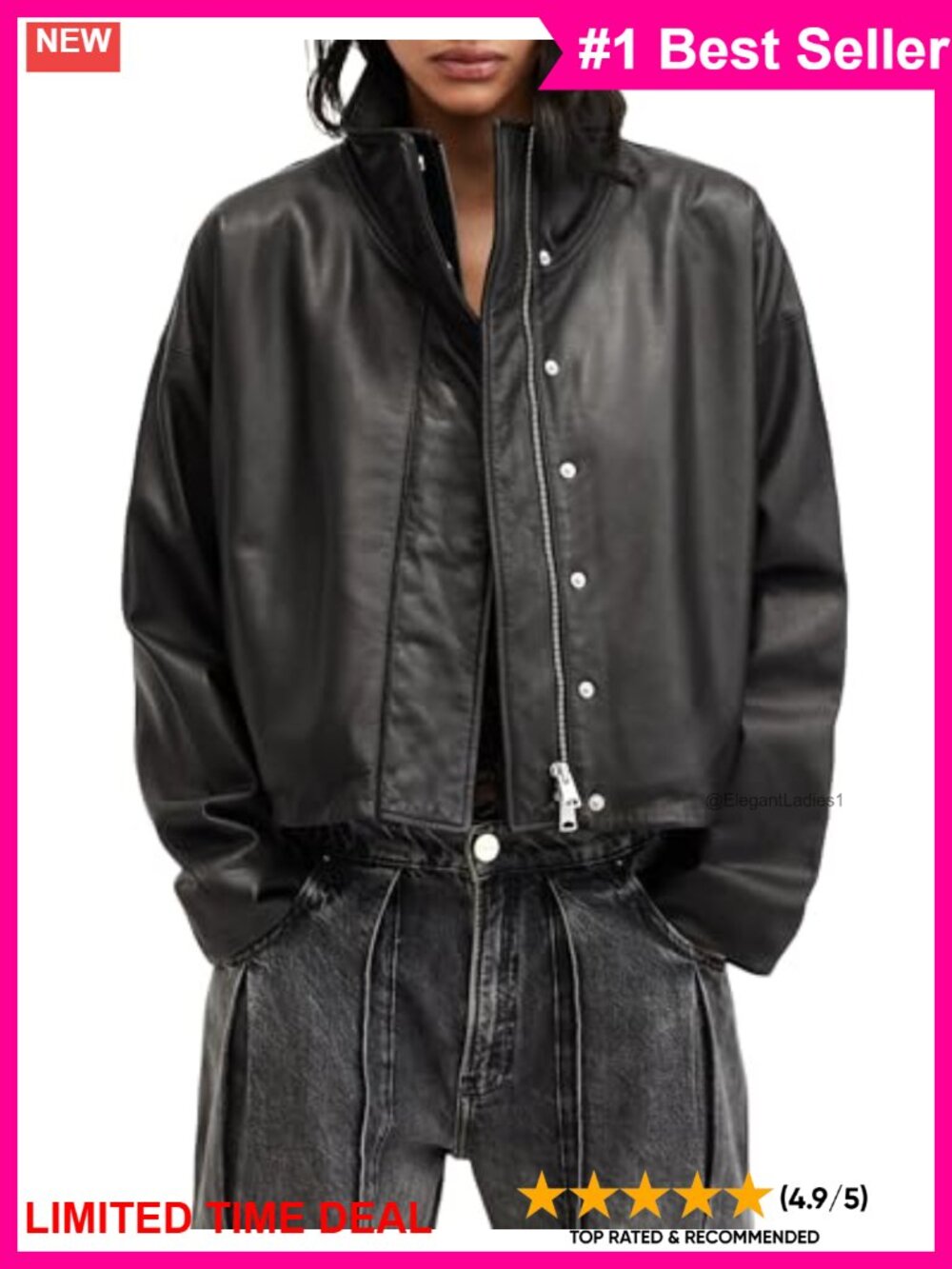 AllSaints Ryder 100% Leather Jacket Relaxed Fit Funnel Neck Biker Style